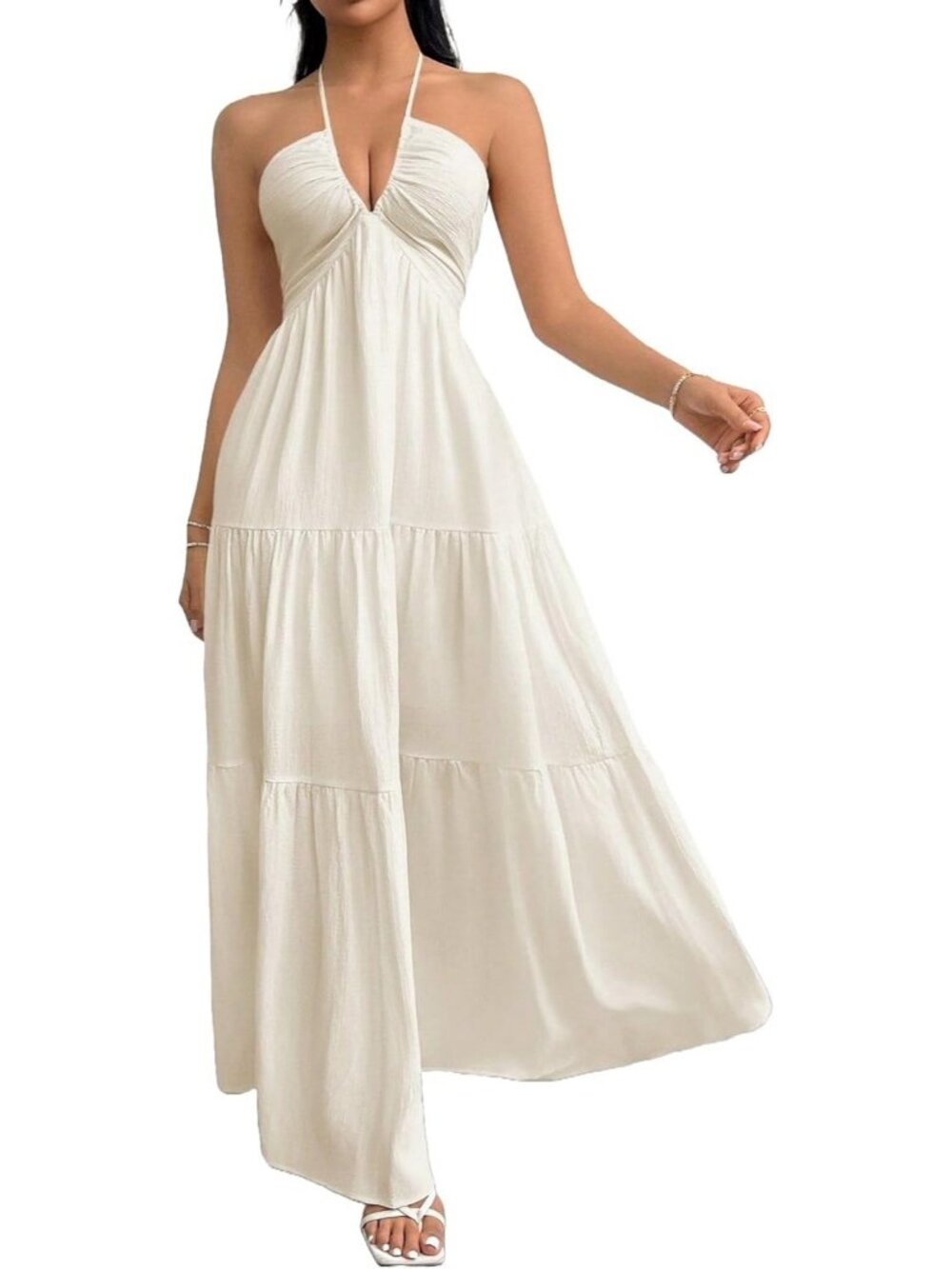 Women's Maxi Summer Dresses Beige Halter V Neck Beach Dresses A-Line Dress - Picture 2 of 7